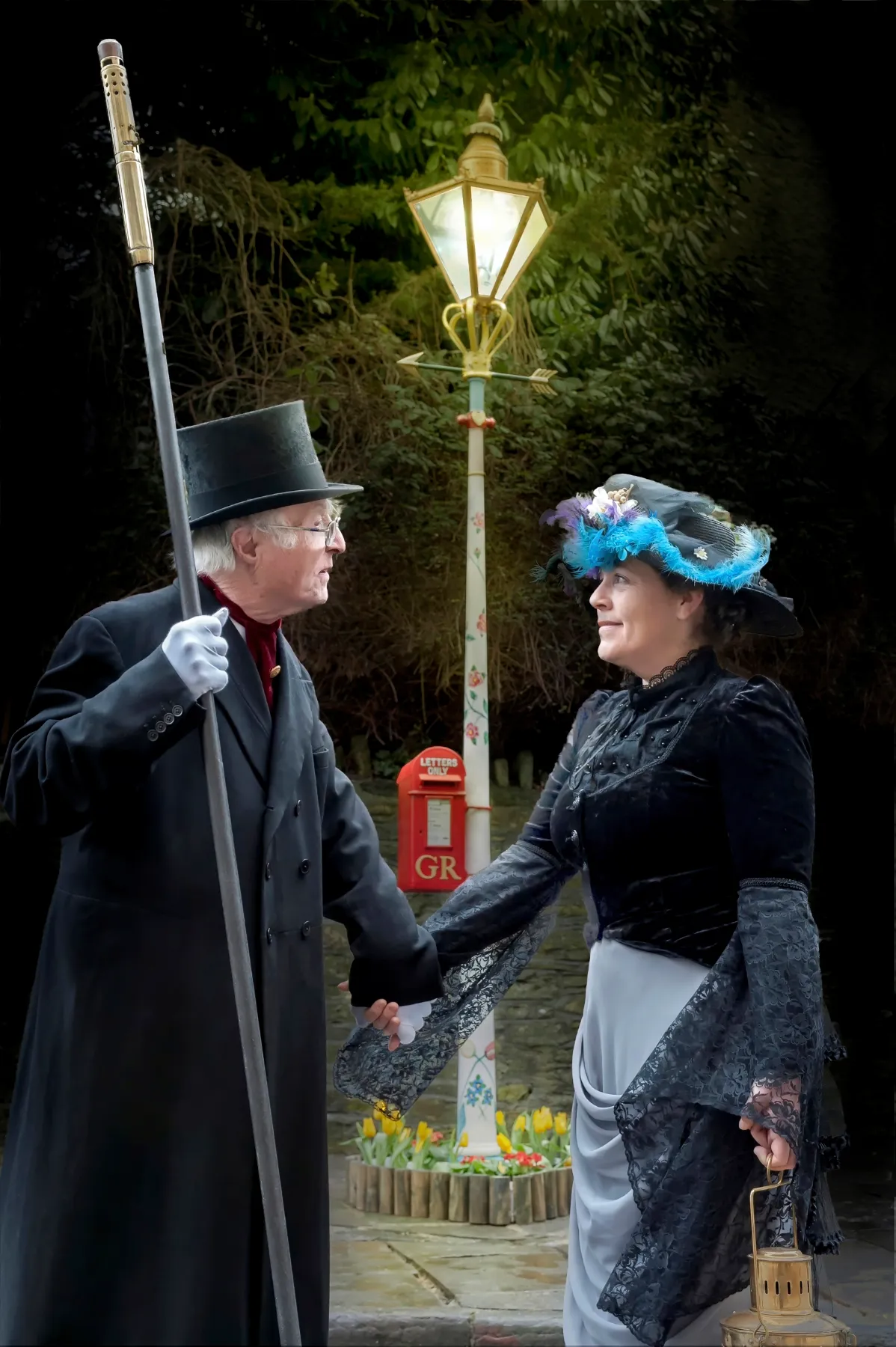 Reg Ling beside the Frome Valentine Gas Lamp, photographed by Martyn Payne with model Kerine Elmer.